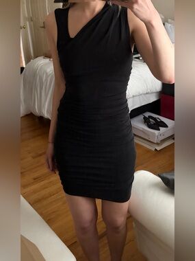 Helmut Lang Black Asymmetric Ruched Midi Dress